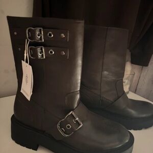 Stradivarius Chocolate Leather Moto Boots